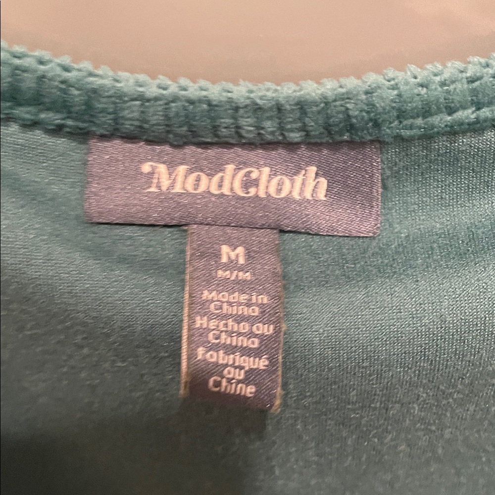 Modcloth Teal Mini Dress with V-Neck, Velvet Dress, Size M, EUC - Picture 2 of 7